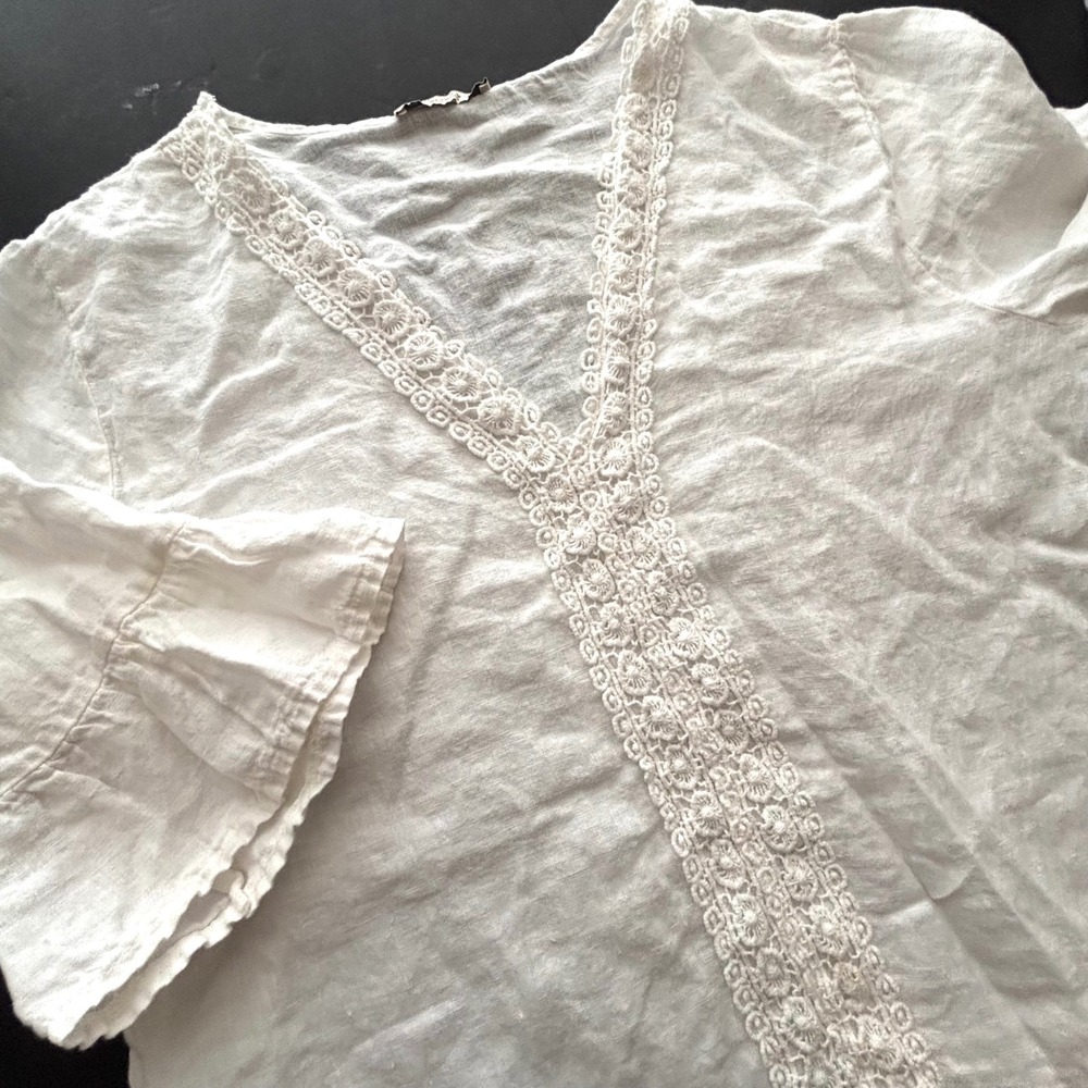 Francesca Bettini White Linen Crochet Lace Peplum Blouse Italy Large Boxy EUC